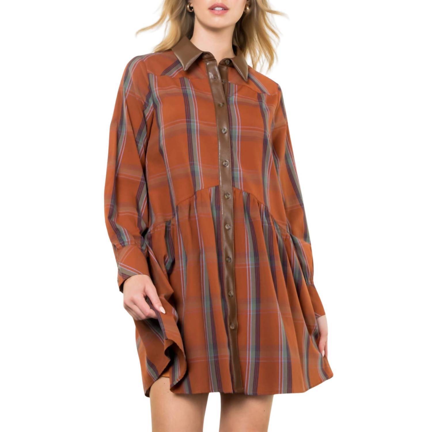 New Thml Plaid Contrast Leather Button Dress In Rust